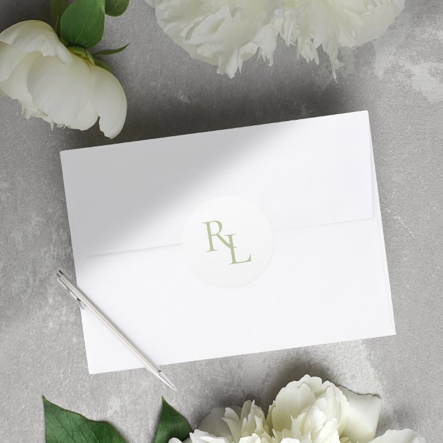 Adesivo Redondo Iniciais de Casal de Casamento Verde Mínimo (Criador carregado)