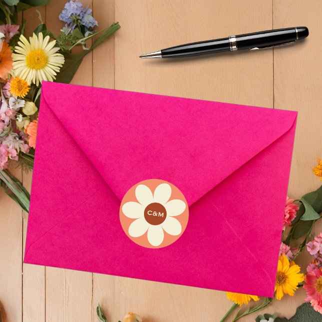 Adesivo Redondo Iniciais De Casamento De Boho Da Flor Da Margarida (Criador carregado)