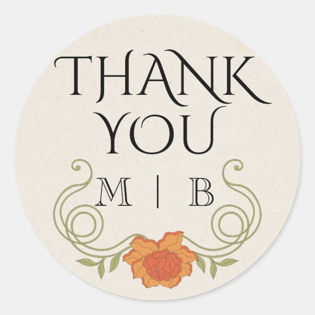 Adesivo Redondo Iniciais De Flor Laranja Elegante Arte De Nouveau (Frente)