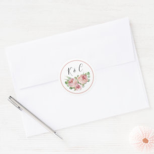 Adesivo Redondo Iniciais de Monograma Floral Dusty Pink Boho Weddi