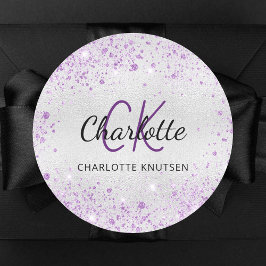Adesivo Redondo Iniciais de nome monograma em glitter roxo pratead