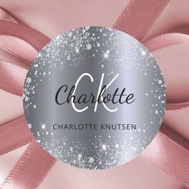 Adesivo Redondo Iniciais do monograma em brilho prateado nome (Criador carregado)