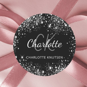 Adesivo Redondo Iniciais do monograma em brilho prateado preto nom