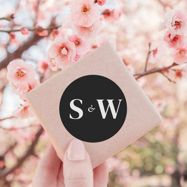 Adesivo Redondo Iniciais Elegantes Casamento Preto e Branco (Criador carregado)