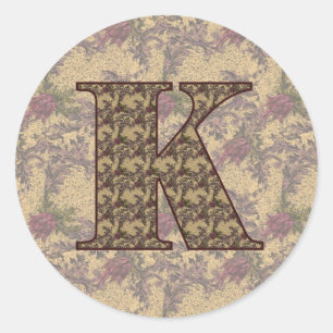 Adesivo Redondo Iniciais Monograma K Floral Vintage Elegante