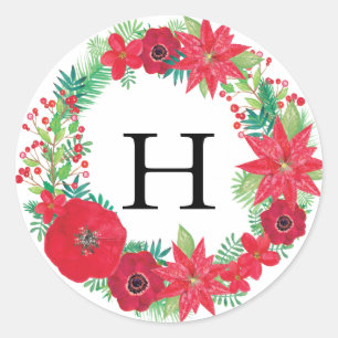 Adesivo Redondo Iniciais personalizadas Floral Wreath Christmas