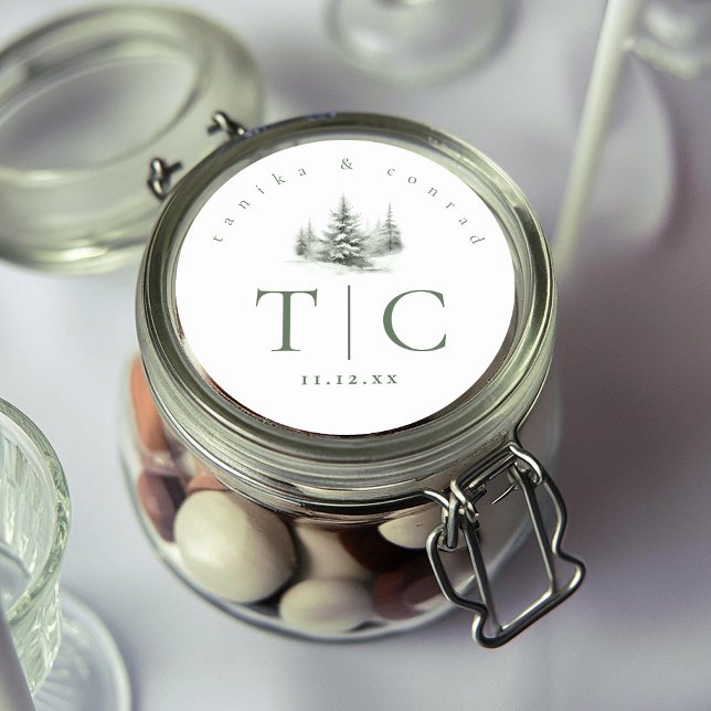 Adesivo Redondo Iniciais Rustic de Casamento no inverno Forest ID1 (Criador carregado)