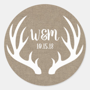 Adesivo Redondo Iniciais Rustic White Deer Antlers Burlap Casal