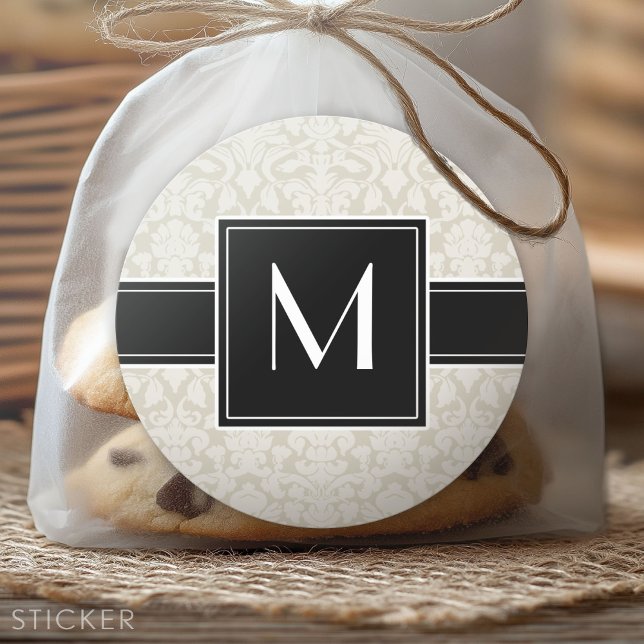 Adesivo Redondo Inicial com Damasco Bege Marfim (Custom Sticker)