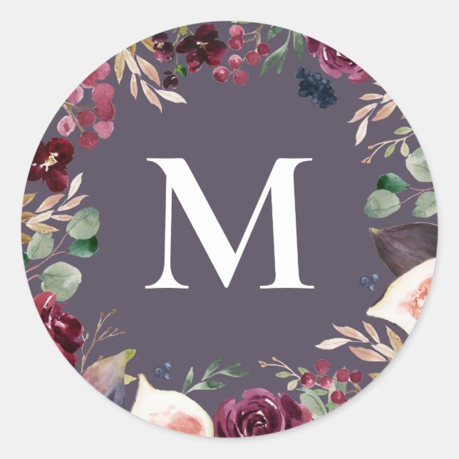 Adesivo Redondo Inicial floral em aquarela roxa e rosa (Frente)