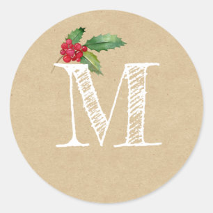 Adesivo Redondo Inicial Monograma de Natal Rustic Kraft Holly