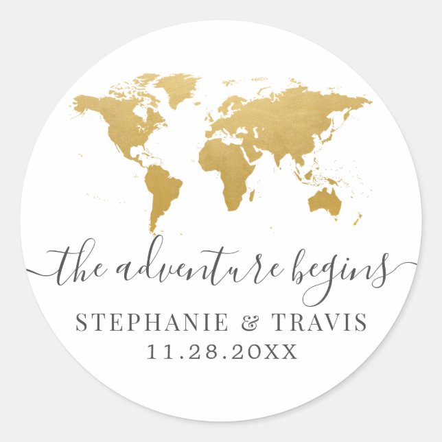 Adesivo Redondo Início da Aventura de Mapa do Mundo Dourado (Frente)