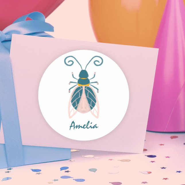 Adesivo Redondo Insetos Rosa Pastel Nome da Rapariga (Criador carregado)