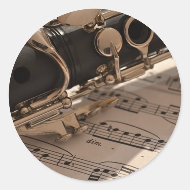 Adesivo Redondo Instrumento musical Clarinet com notação (Frente)