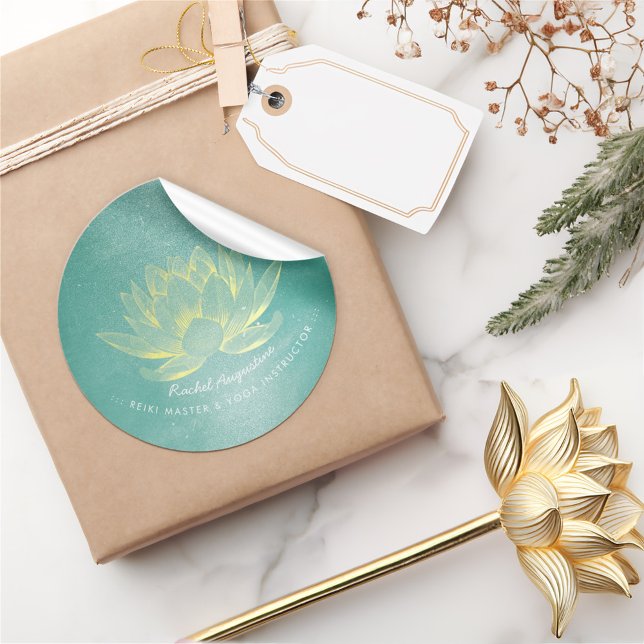 Adesivo Redondo Instrutor Elegante Dourado de Meditação Lotus YOGA (Criador carregado)