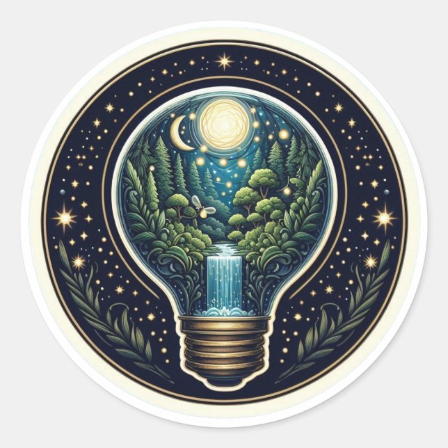 Adesivo Redondo Intricate Cosmic Lightbulb Terrarium Forest Waterf (Frente)