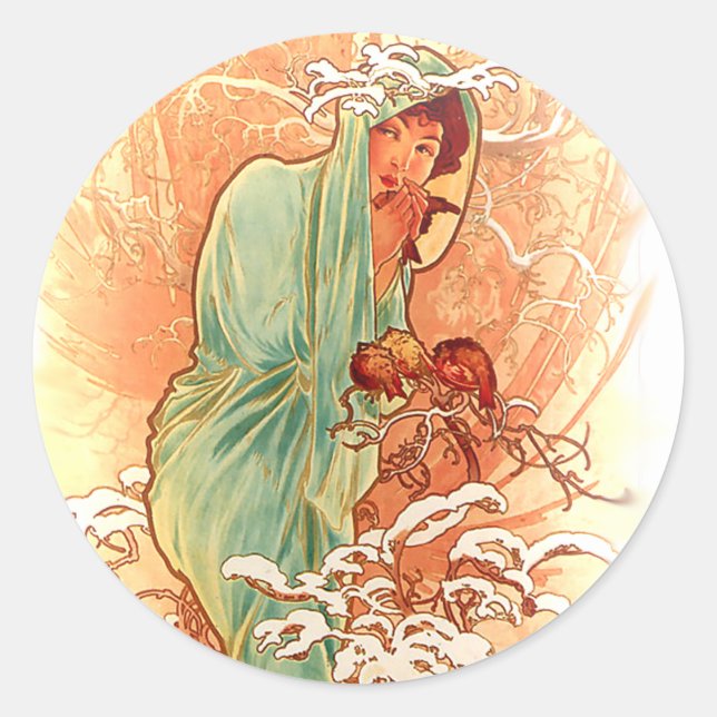 Adesivo Redondo Inverno - Alphonse Mucha Art Nouveau (Frente)