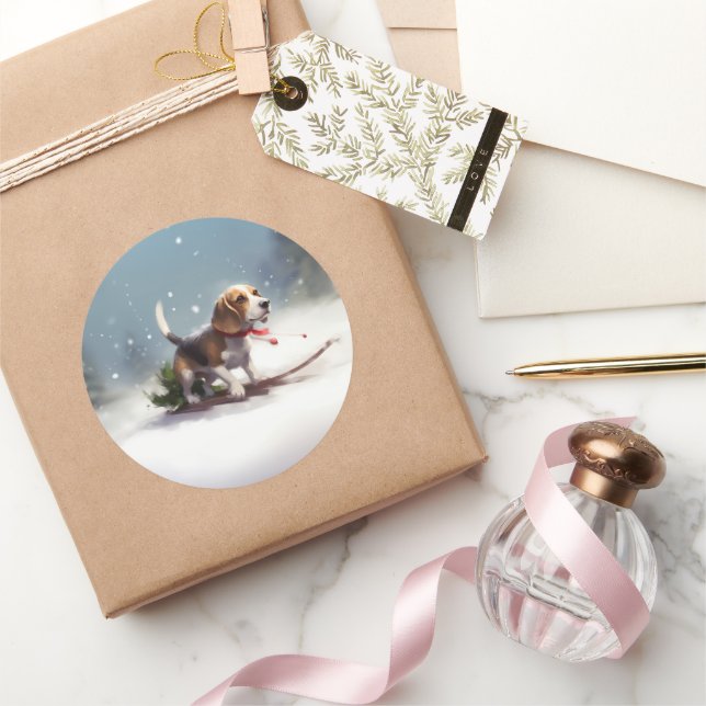 Adesivo Redondo Inverno da neve do Natal da Beagle (Presentear)