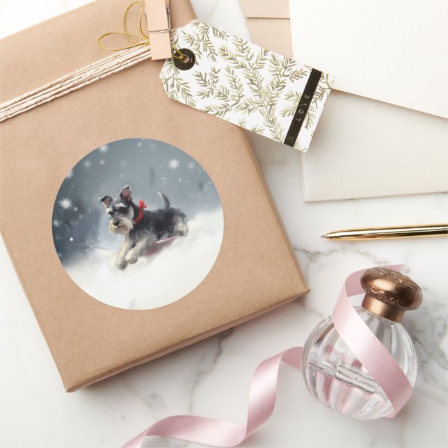 Adesivo Redondo Inverno de Natal de Miniatura Schnauzer (Presentear)