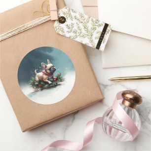 Adesivo Redondo Inverno de Natal do Buldogue Francês