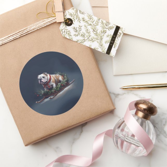 Adesivo Redondo Inverno de neve de Natal para Buldog (Presentear)