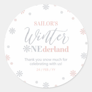 Adesivo Redondo Inverno de prata rosa no onederland Obrigado neve