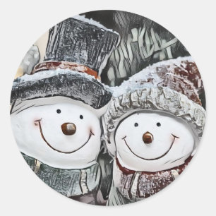 Adesivo Redondo Inverno, Desenho de boneco de neve e mulher de nev