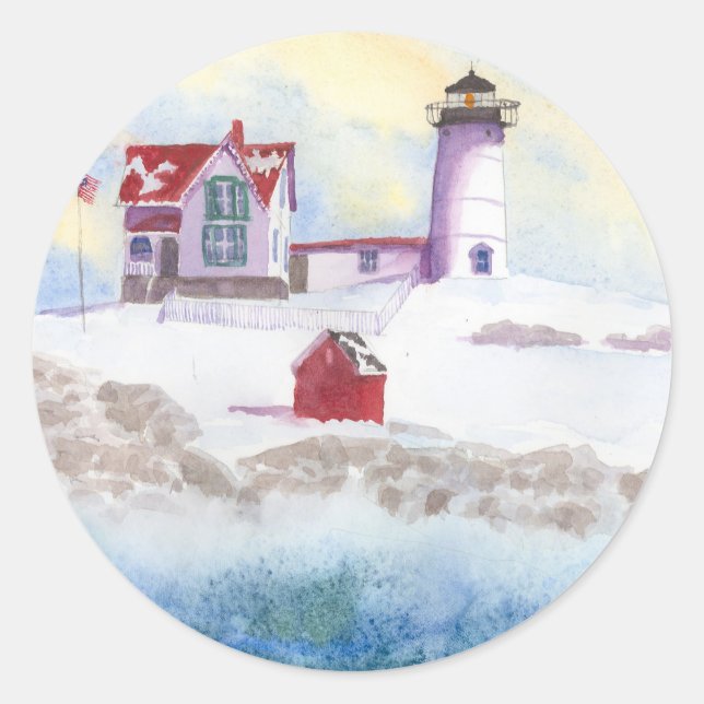 Adesivo Redondo Inverno em Nubble LIghthouse no Maine (Frente)