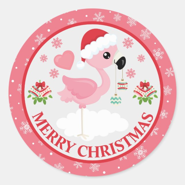 Adesivo Redondo Inverno Flamingo de Natal Rosa e Vermelho (Frente)