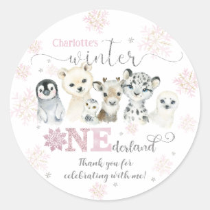 Adesivo Redondo Inverno ONEdeland Animais Árticos Neve 1º Aniversá