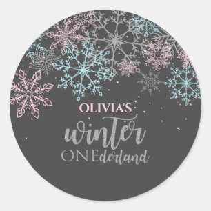 Adesivo Redondo Inverno Onederland Brilho rosa azul prata