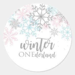 Adesivo Redondo Inverno Onederland Brilho rosa azul prata