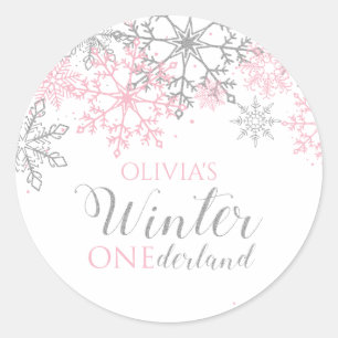 Adesivo Redondo Inverno Onederland Floco de Neve Prata e Rosa