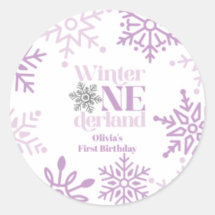 Adesivo Redondo Inverno Onederland Floco de Neve Roxo Aniversário 