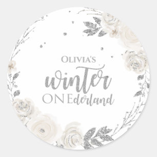 Adesivo Redondo Inverno Onederland Floral com Brilho Prateado