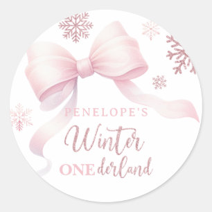 Adesivo Redondo Inverno Onederland Menina com Laço Rosa 1º Anivers