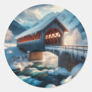 Adesivo Redondo Inverno, ponte coberta por neve e rio