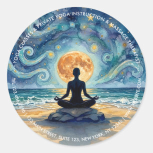 Adesivo Redondo Ioga Meditação Céu Noturno Estrelado Lua Praia Oce