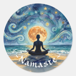 Adesivo Redondo Ioga Meditação Céu Noturno Estrelado Lua Praia Oce