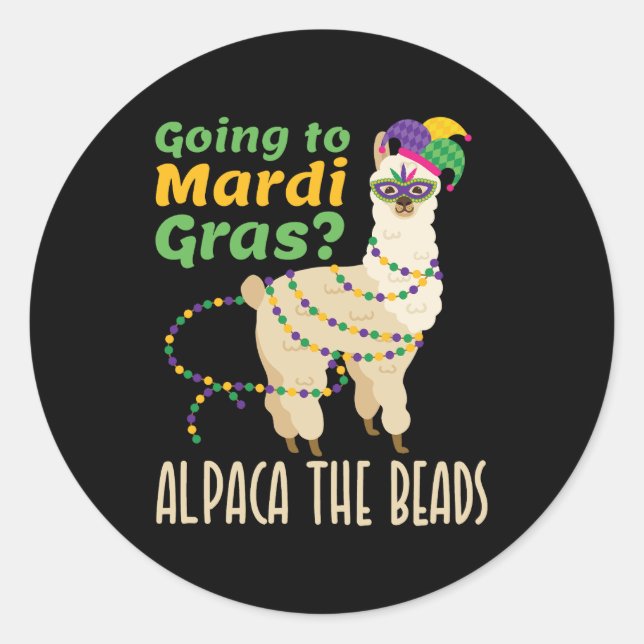 Adesivo Redondo Ir para Mardi Gras Alpaca as Miçangas (Frente)