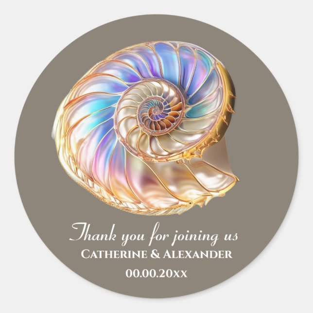 Adesivo Redondo Iridescent Conch Shell Wedding Thank You Sticker (Frente)