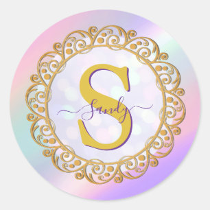 Adesivo Redondo Iridescente Chic Inicial Com Dourado Escroto