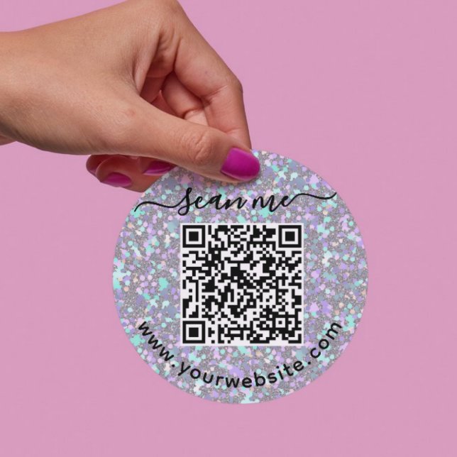 Adesivo redondo iridescente com código QR e texto  (Criador carregado)