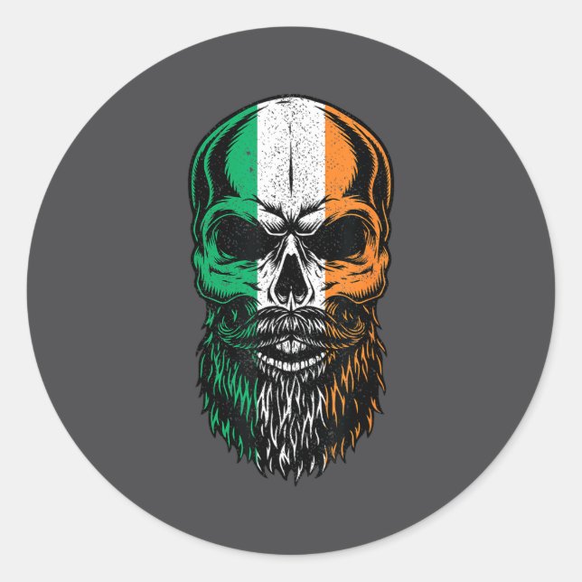 Adesivo Redondo Irish Flag Bearded Skull Head Saint Patrick's Day  (Frente)