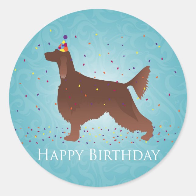 Adesivo Redondo Irish Setter Happy Birthday Design (Frente)