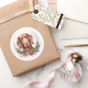 Adesivo Redondo Irlandês Red Setter Christmas Wreath Festivo Pup