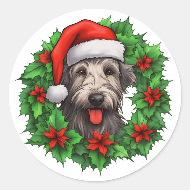 Adesivo Redondo Irlandês Wolfhound Christmas Wreath (Frente)
