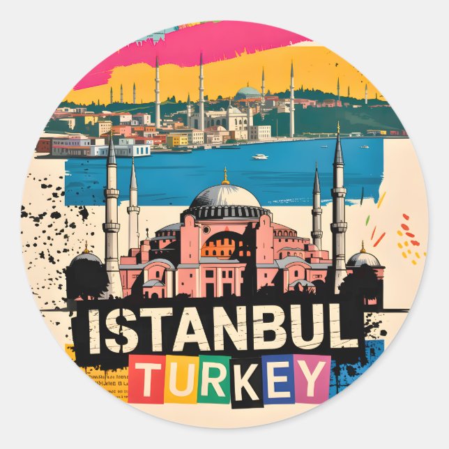 Adesivo Redondo Istanbul Turkey Hagia Sophia Retro Pop Art Travel (Frente)