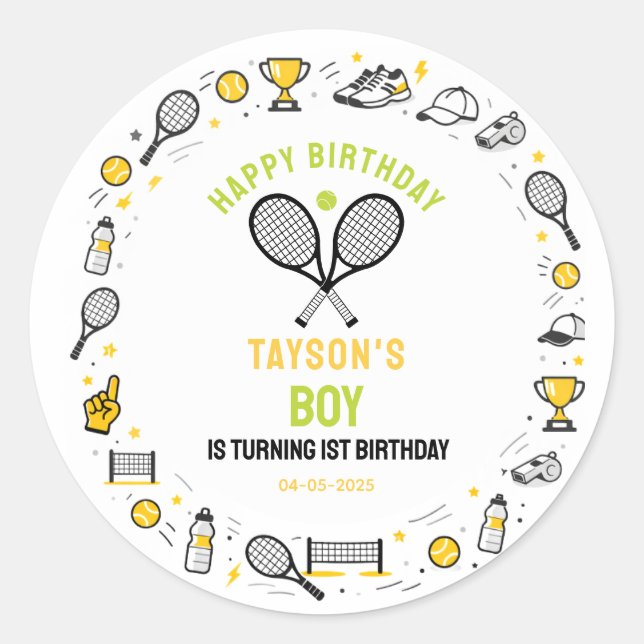 Adesivo Redondo It’s Game Time Tennis 1st Birthday – Fun Kids  (Frente)