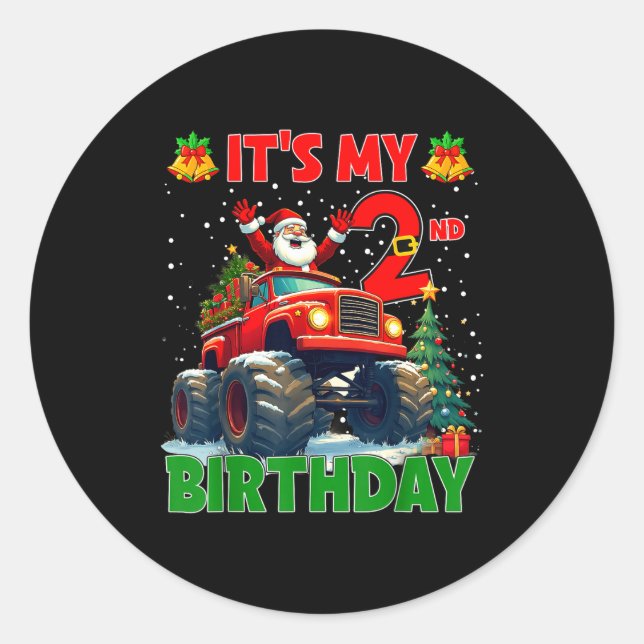 Adesivo Redondo It’s My 2nd Birthday Xmas Santa Monster Truck Chri (Frente)